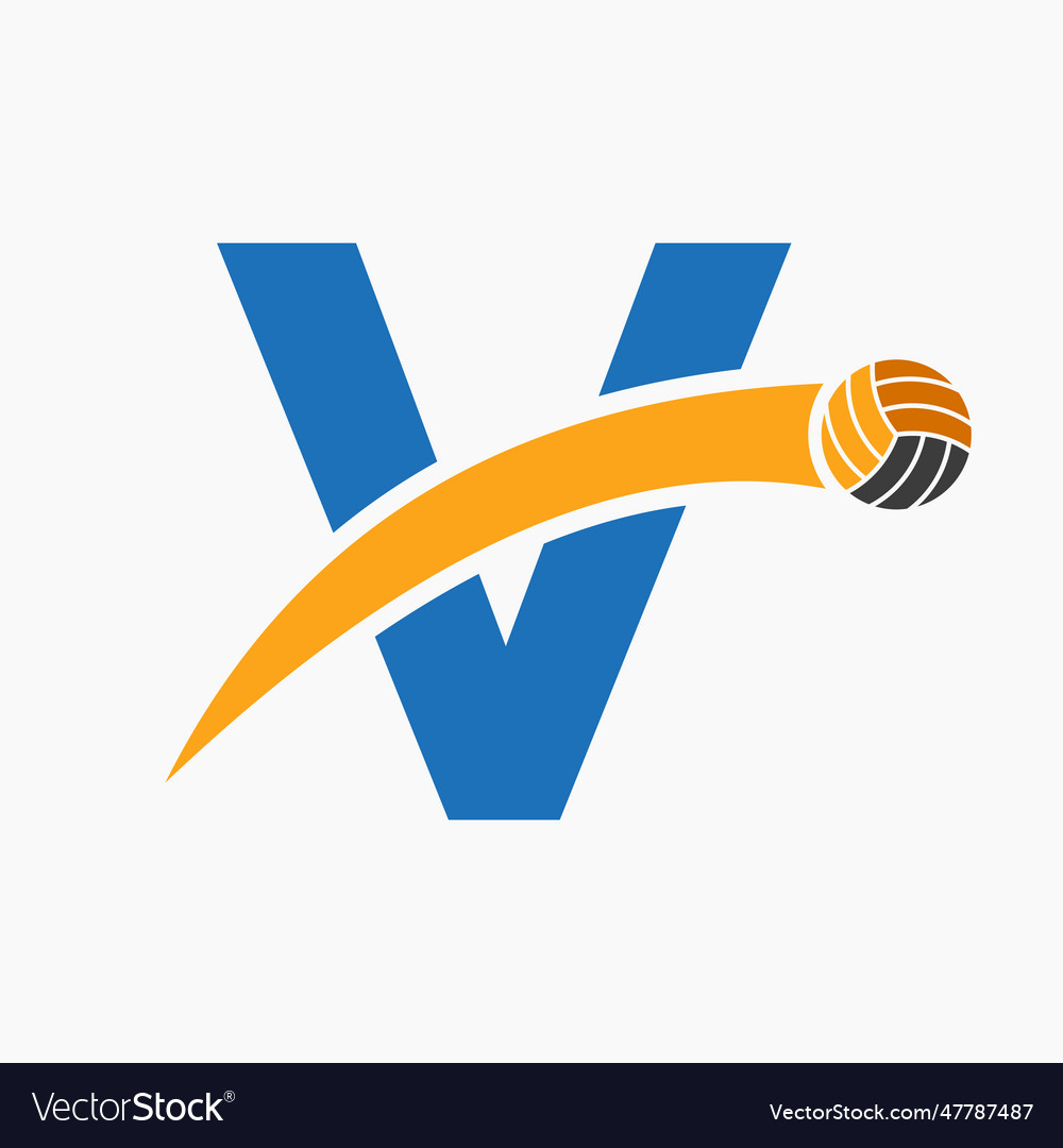 Volleyball logo on letter v with moving Royalty Free Vector