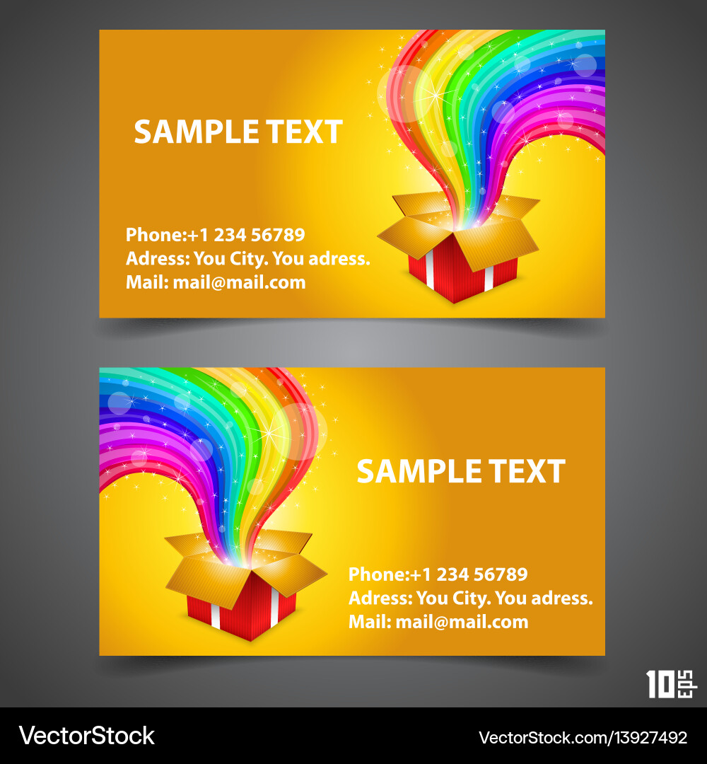 Business card open gift with rainbow Royalty Free Vector