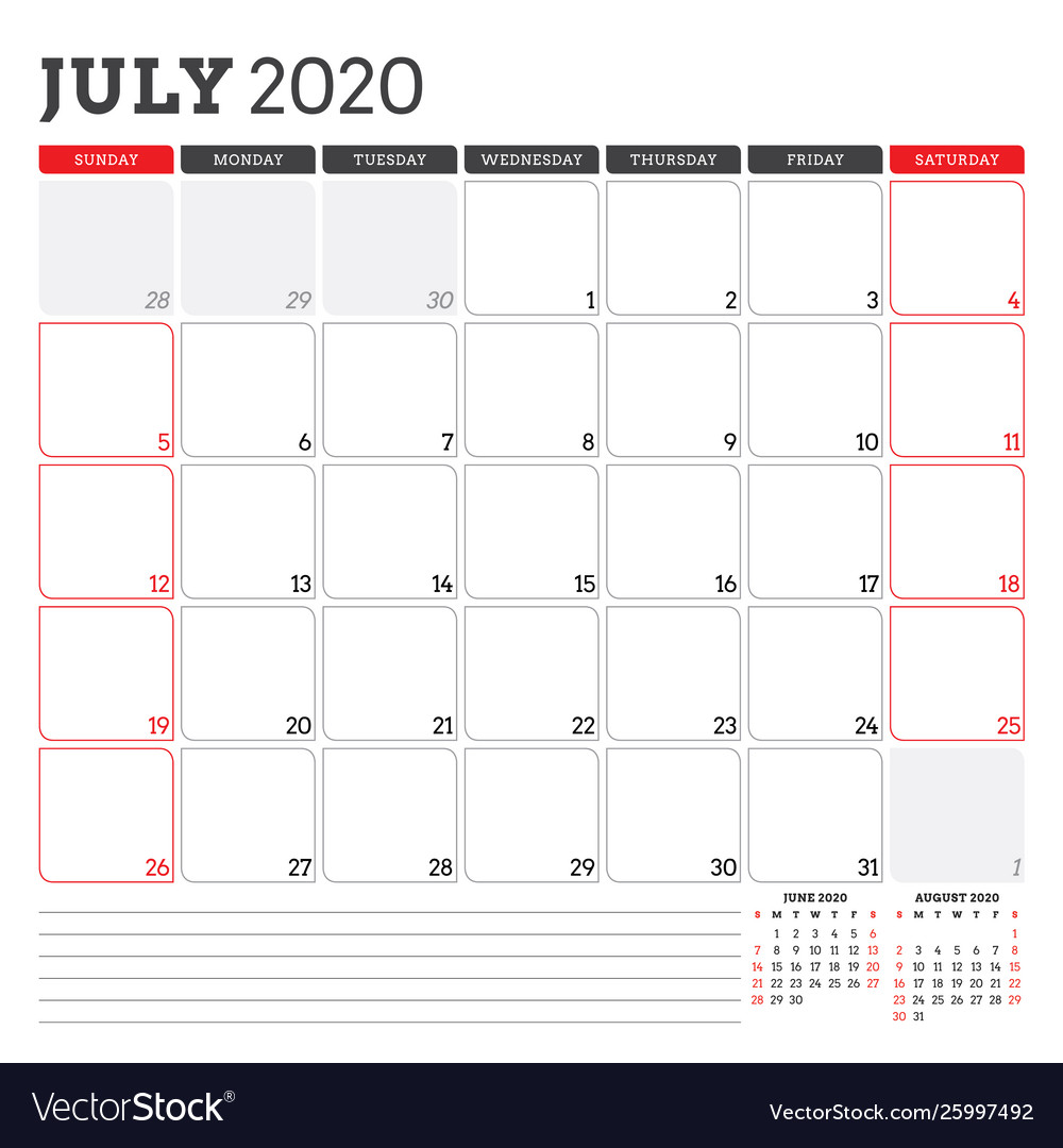 Calendar planner for july 2020 week starts