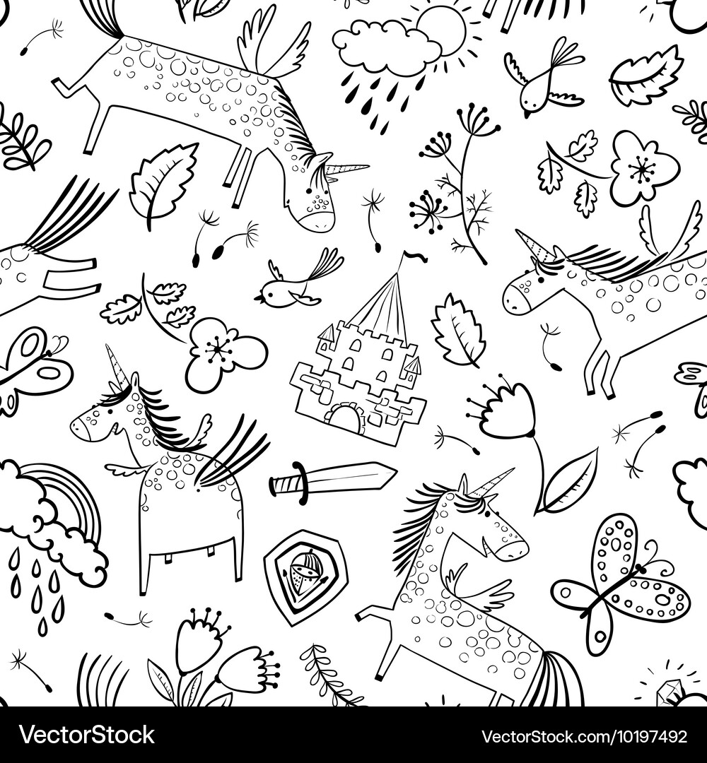 Doodle seamless pattern with magic unicorns Vector Image