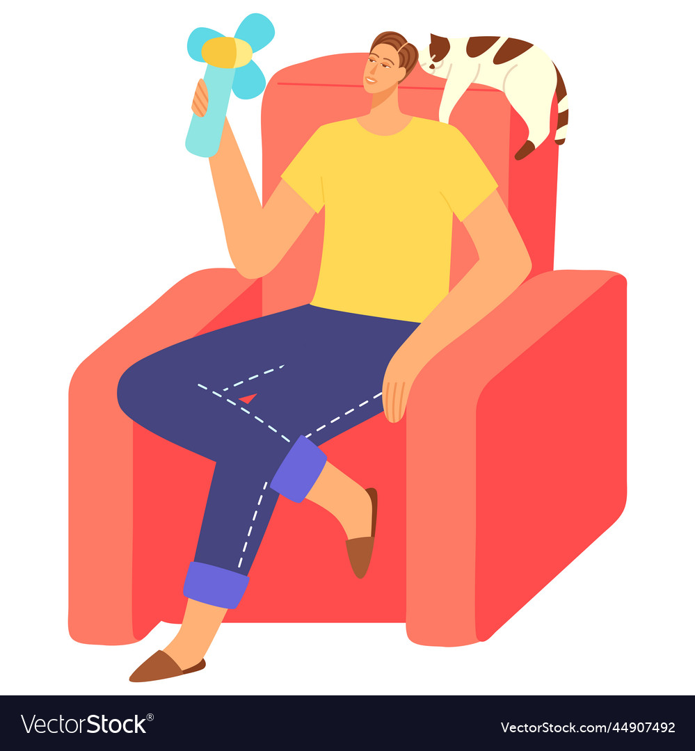 Hot summer man hold hand fan at home