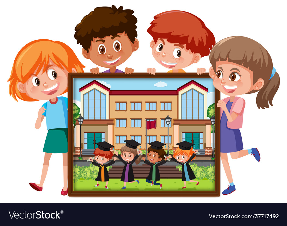 Many Kids Holding Their Graduation Photo Vector Image