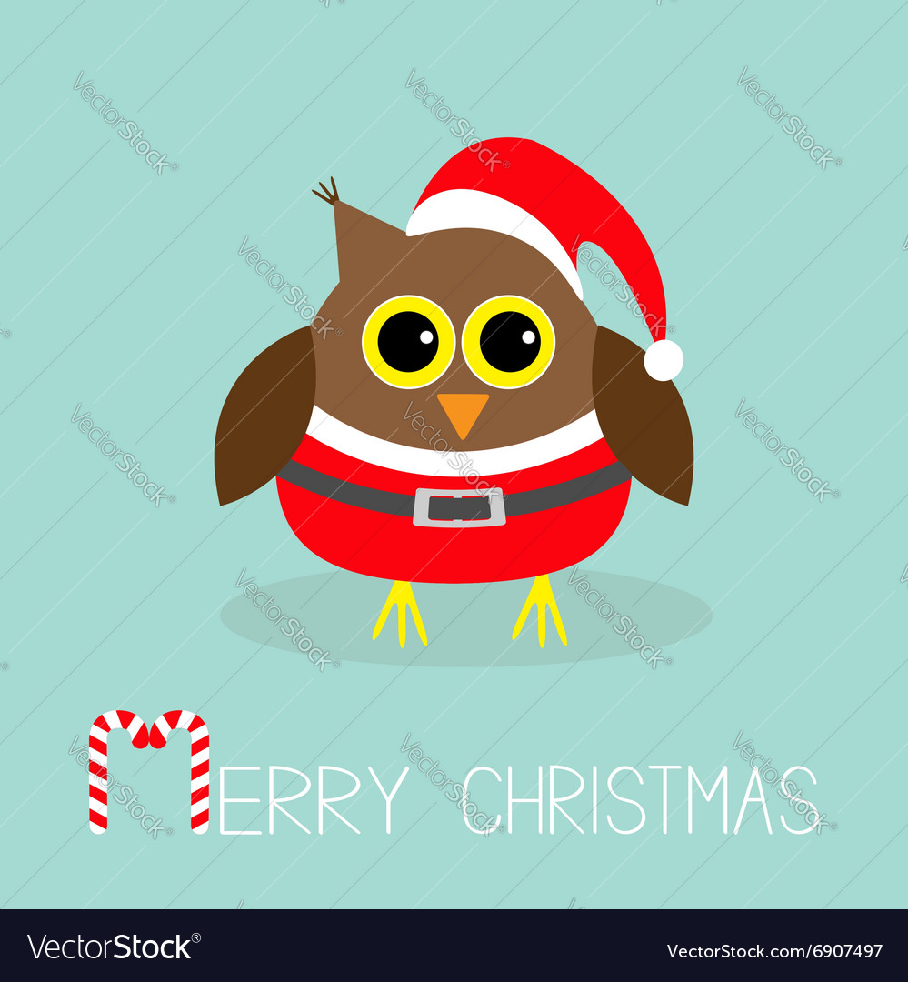 Cute owl in santa claus costume hat snowflakes