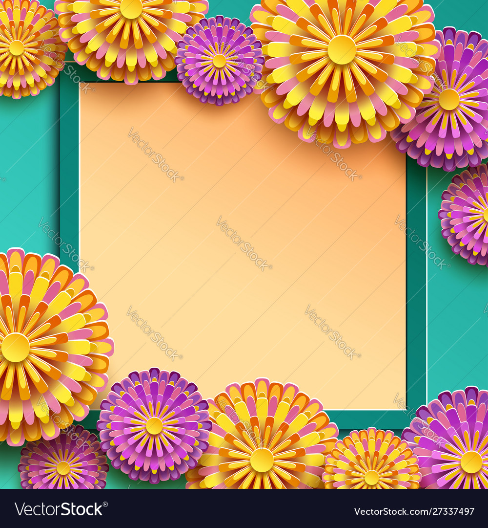 Festive frame with colorful 3d chrysanthemum vector image Festive frame with colorful 3d chrysanthemum