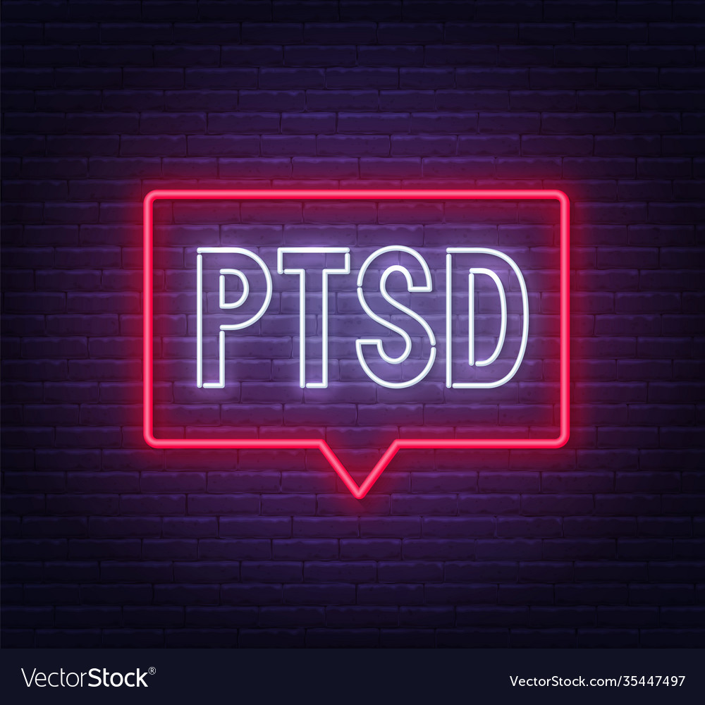 Ptsd neon sign on brick wall background