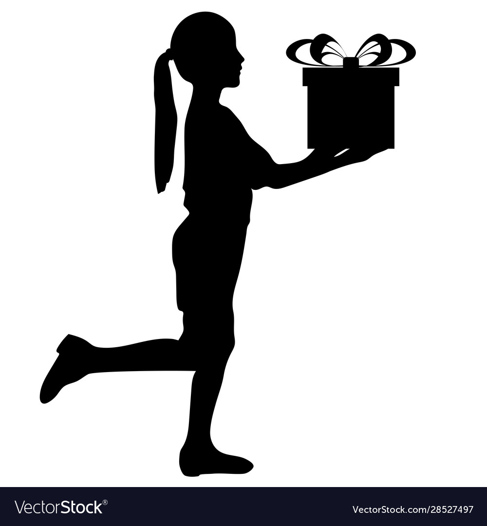 Young girl holding a gift box black silhouette