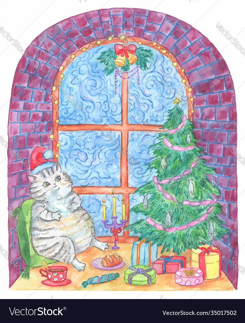 Christmas and new year greeting card with cat