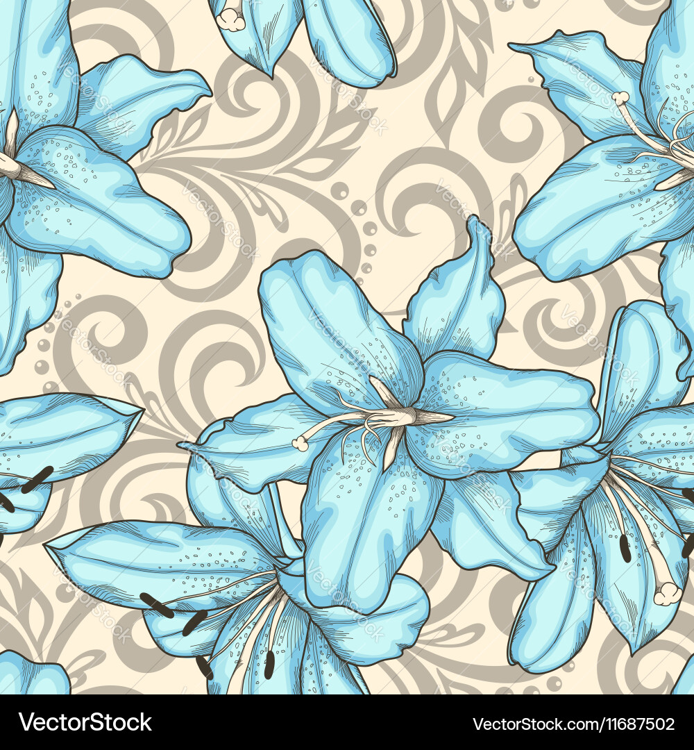 Seamless pattern with lilies flowers and swirls Vector Image