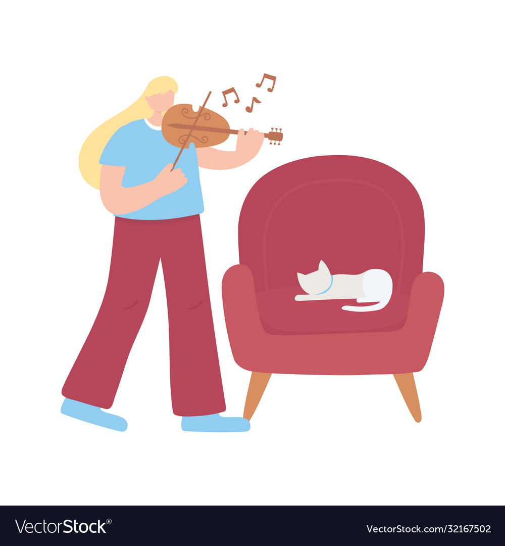 Stay at home girl with fiddle and cat on chair