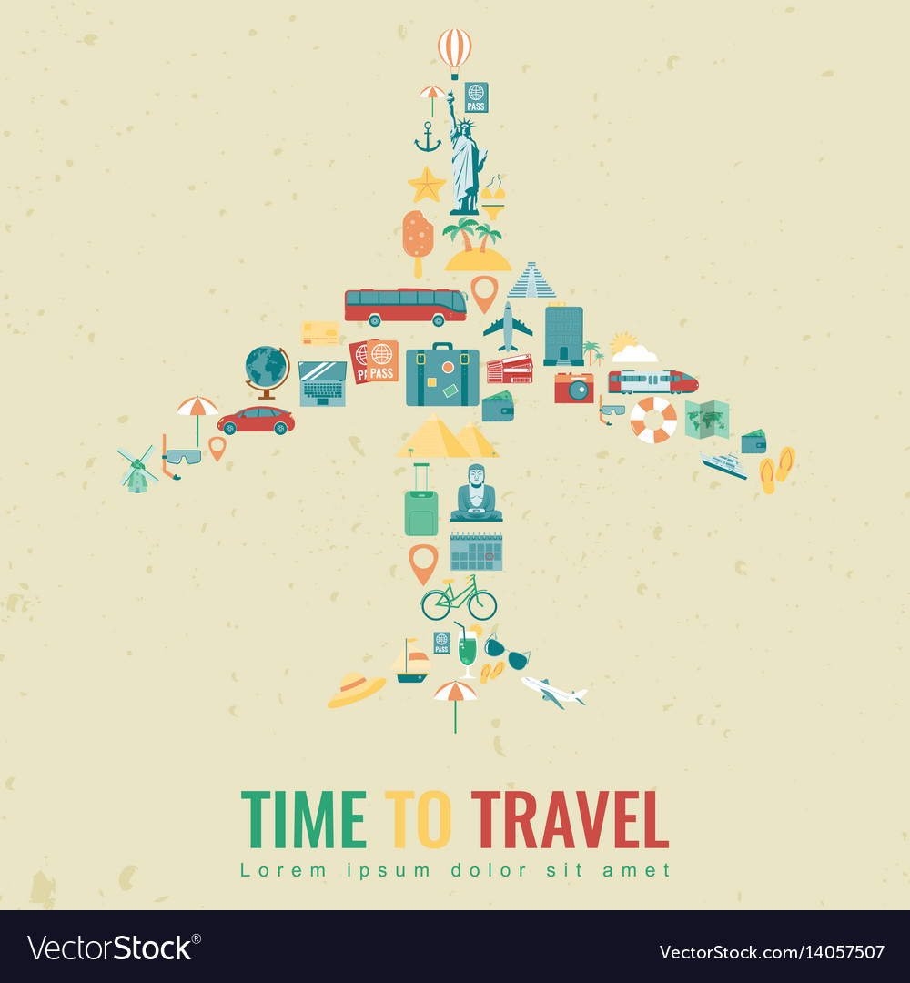 Airplane silhouette with travel flat icons