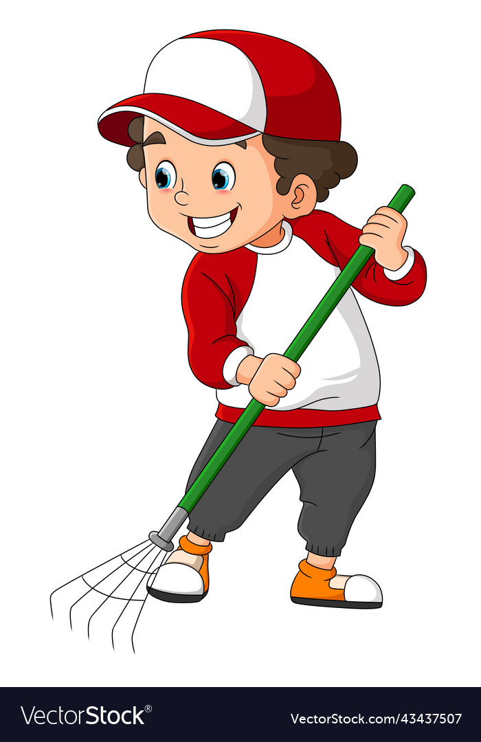 Boy is cleaning the dry leaf with rake Royalty Free Vector