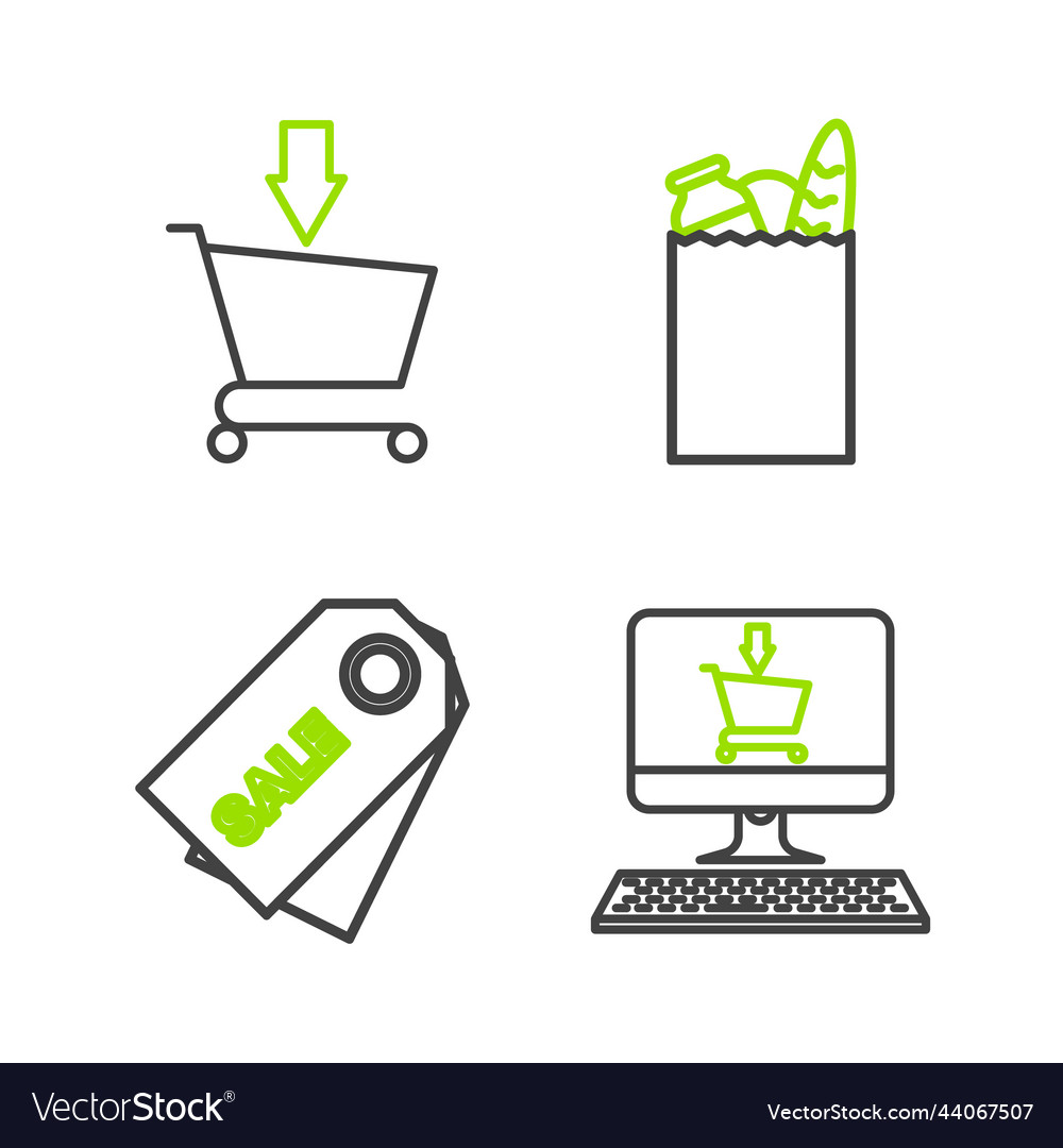 Set line shopping cart on screen computer price vector image Set line shopping cart on screen computer price