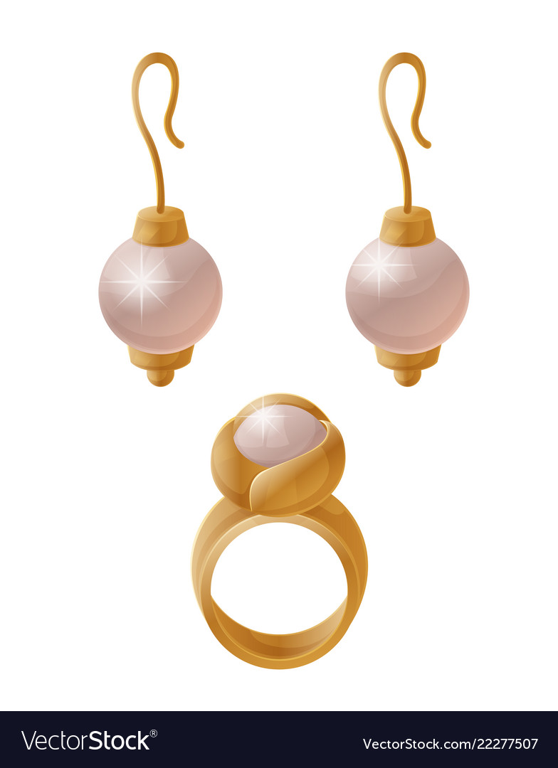 Set of jewelry items golden earrings with pearls