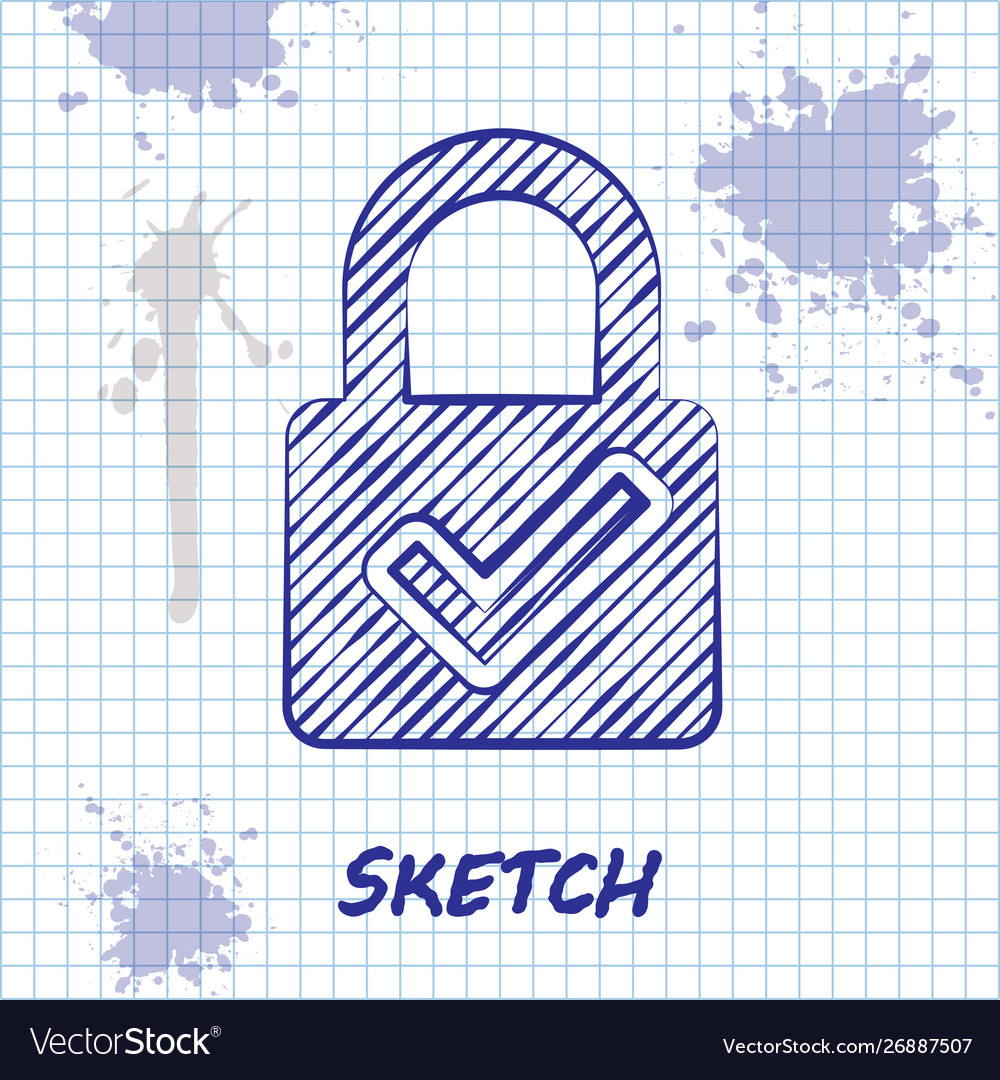 Sketch line open padlock and check mark icon vector image Sketch line open padlock and check mark icon