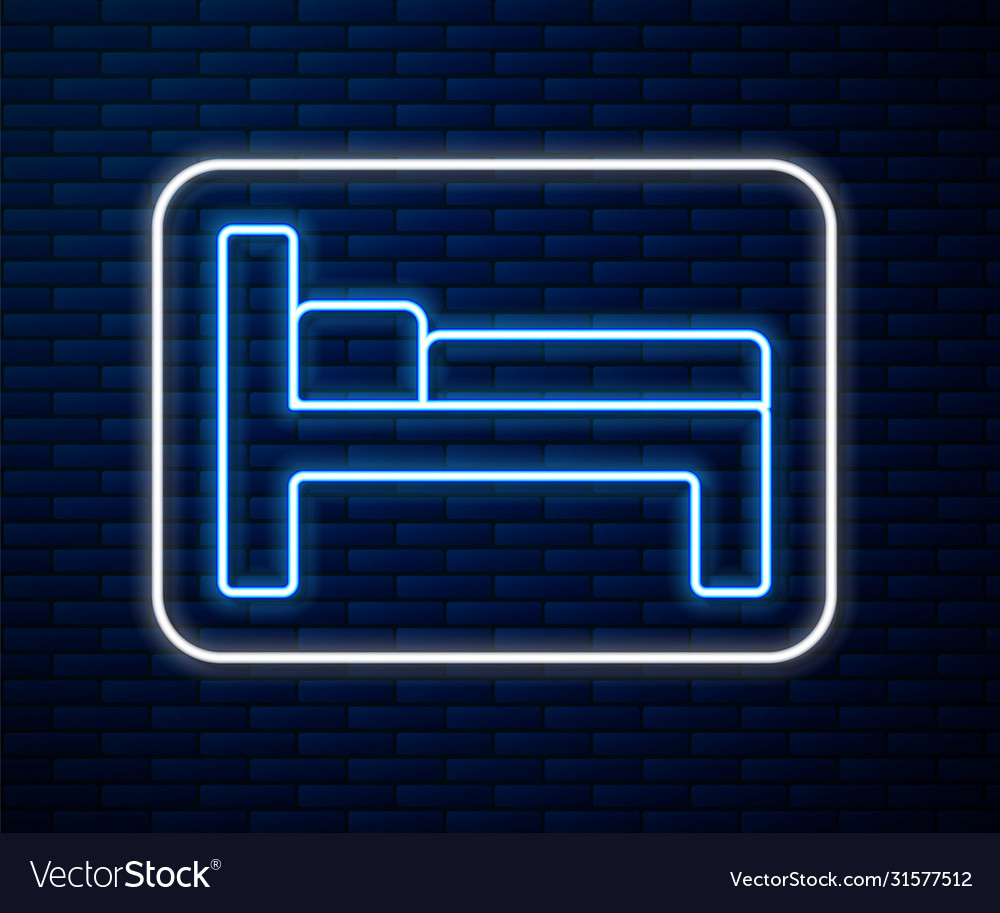 Glowing neon line bed icon isolated on brick wall