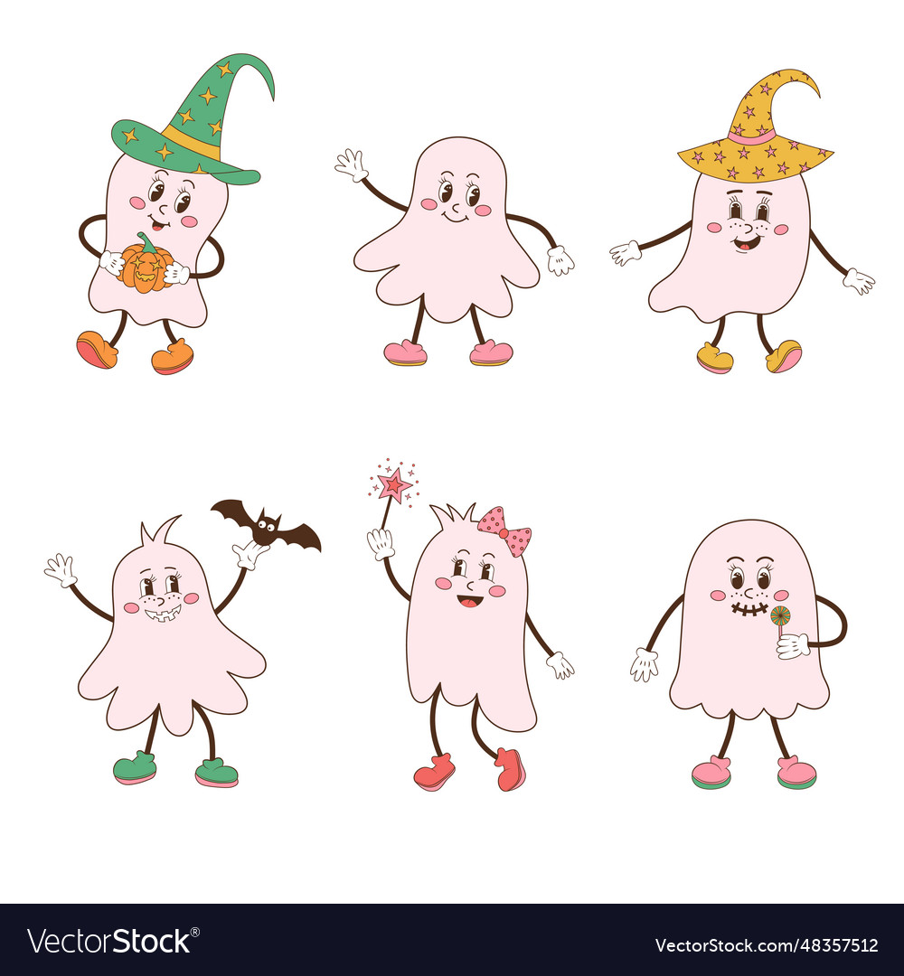 Groovy halloween geister set retro 70s 60s Cartoon Vector Image Groovy halloween geister set retro 70s 60s Cartoon