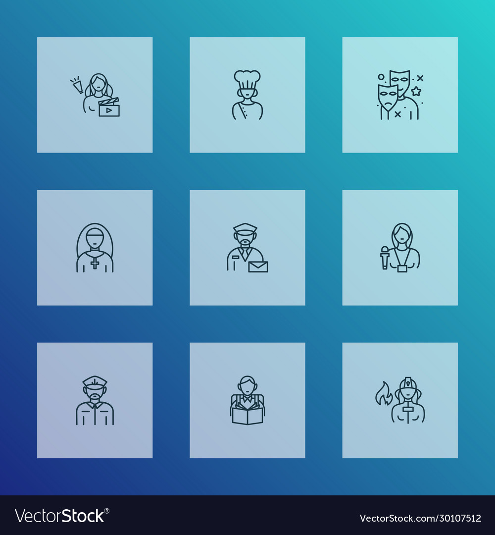 Profession icons line style set with interview vector image Profession icons line style set with interview