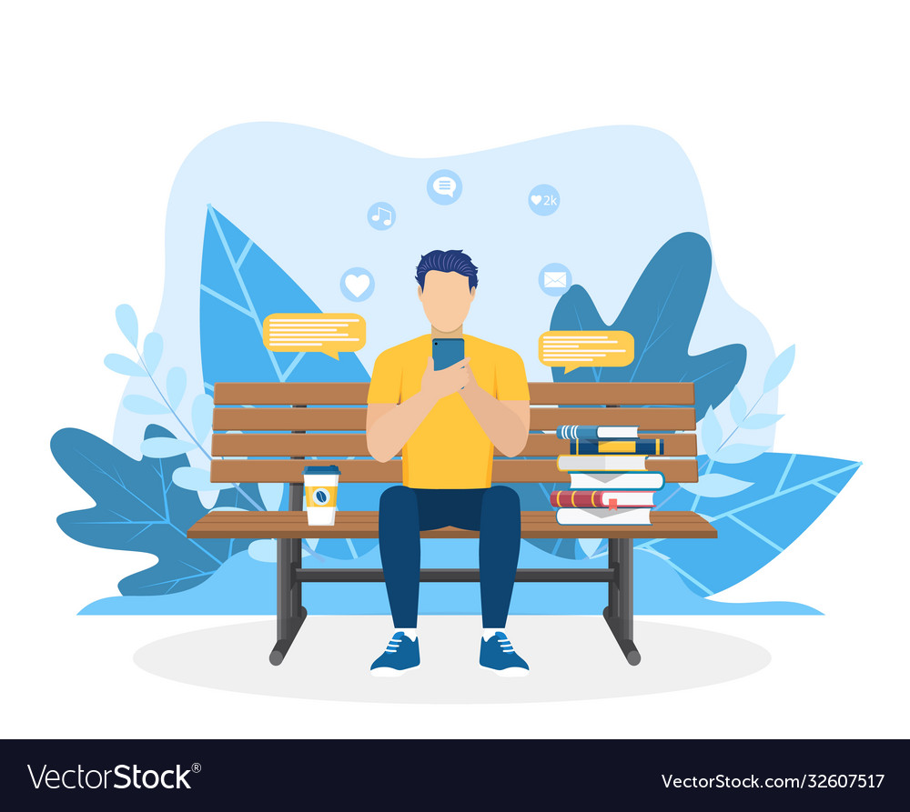 Man using phone sitting in nature vector image Man using phone sitting in nature