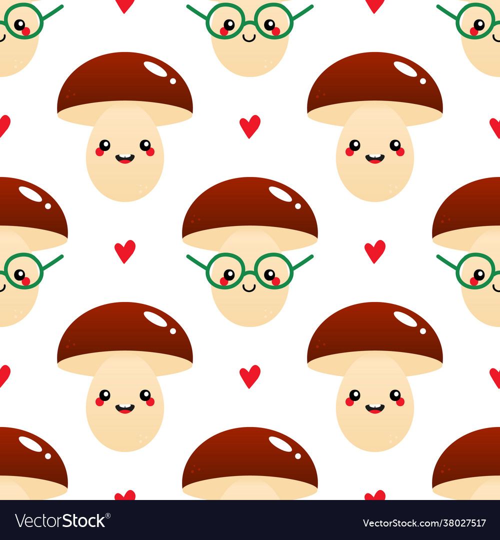Mushroom characters and red hearts pattern vector image Mushroom characters and red hearts pattern