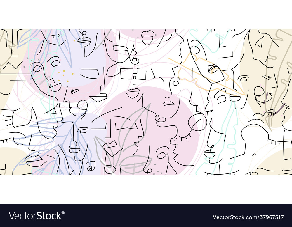 One line drawing abstract face seamless pattern