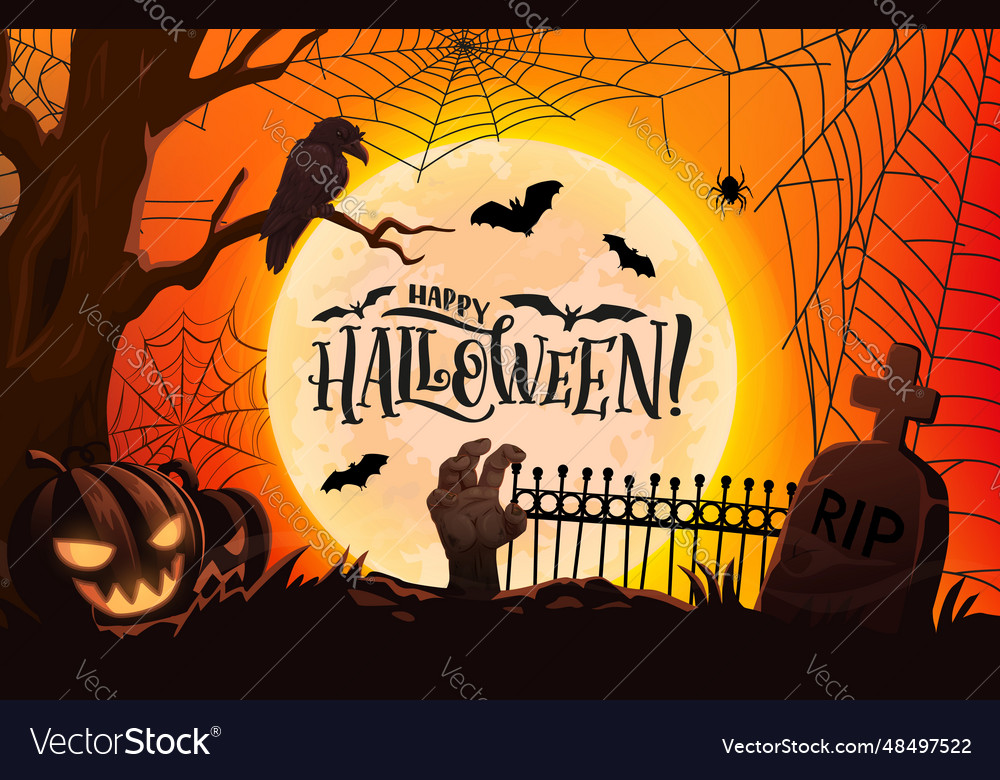 Halloween cemetery silhouette zombie hand pumpkin Vector Image