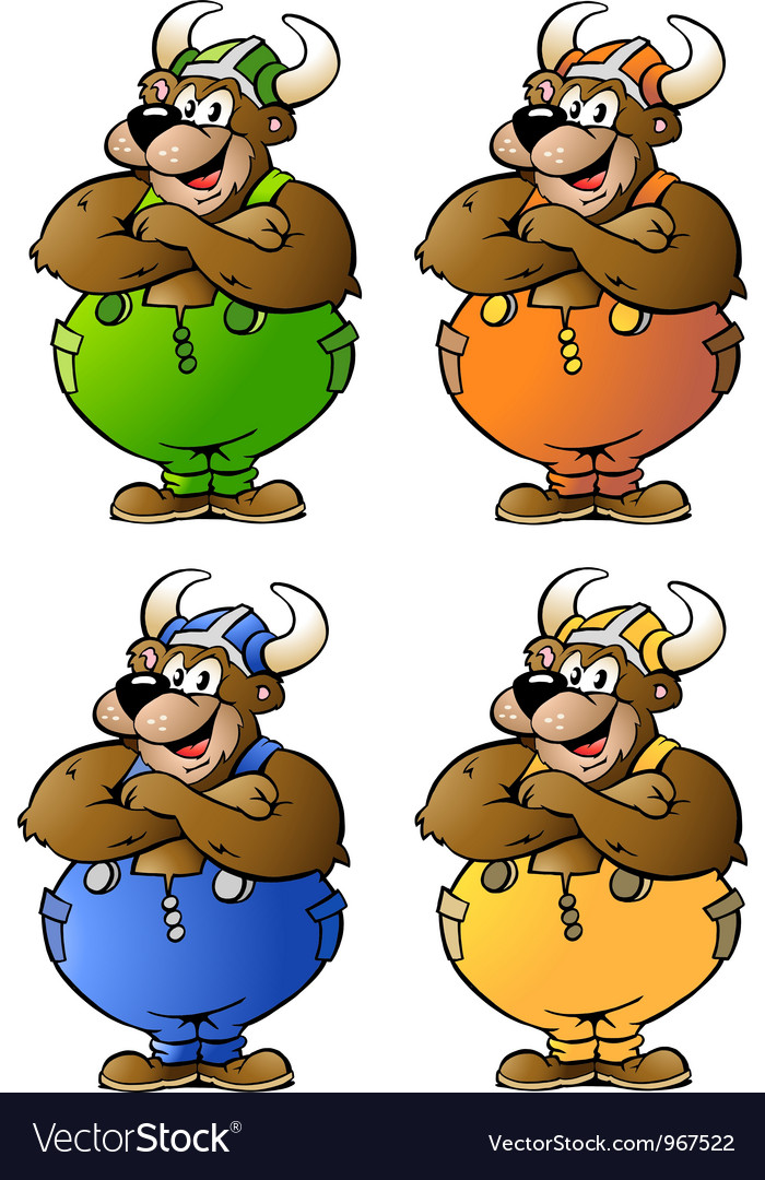 Hand-drawn of 4 viking bear in colored overalls Vector Image