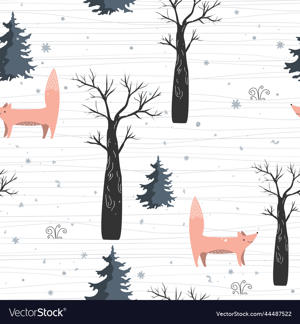 Seamless pattern cute foxes in winter forest