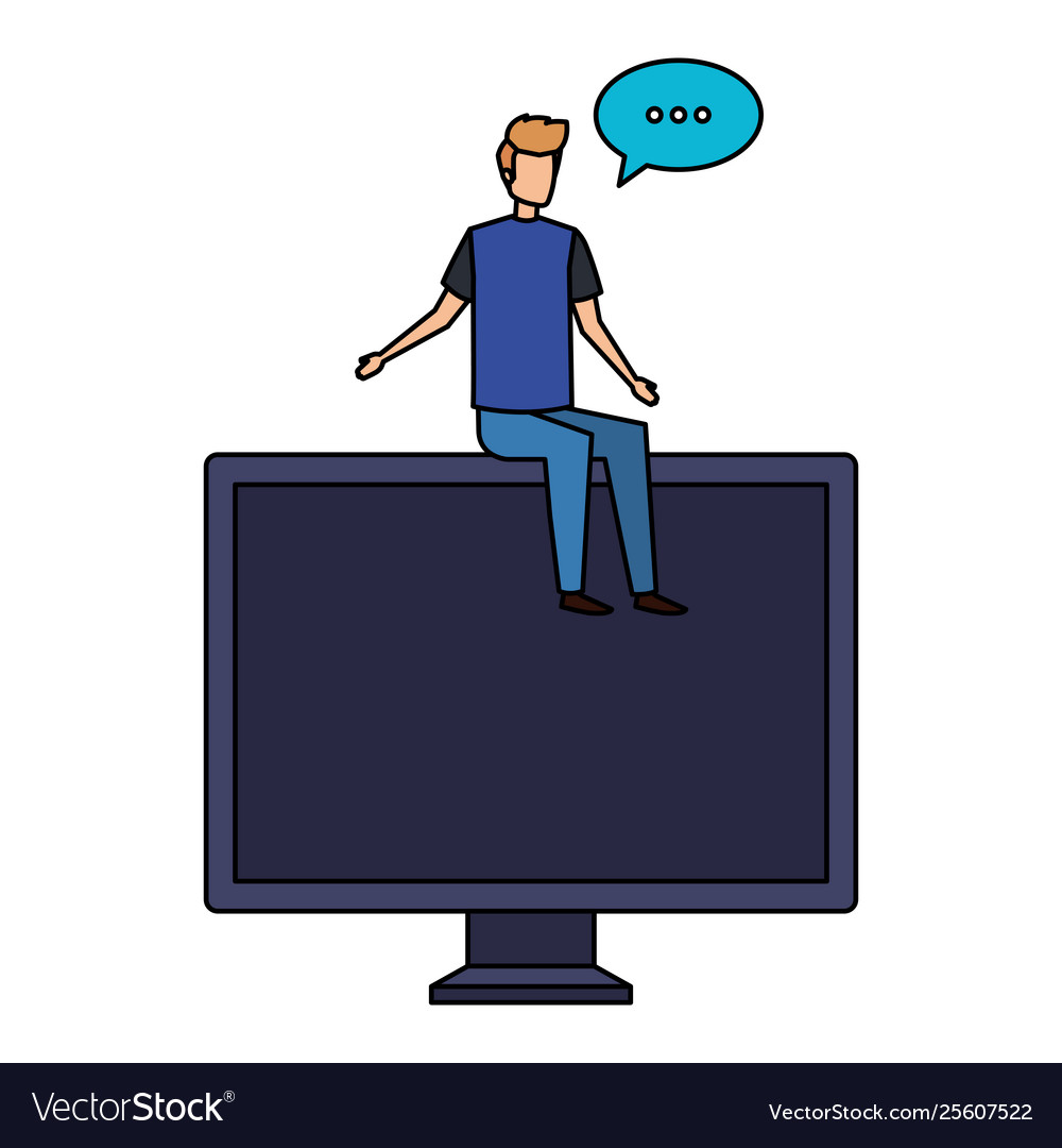 Young man seated in computer with speech bubble