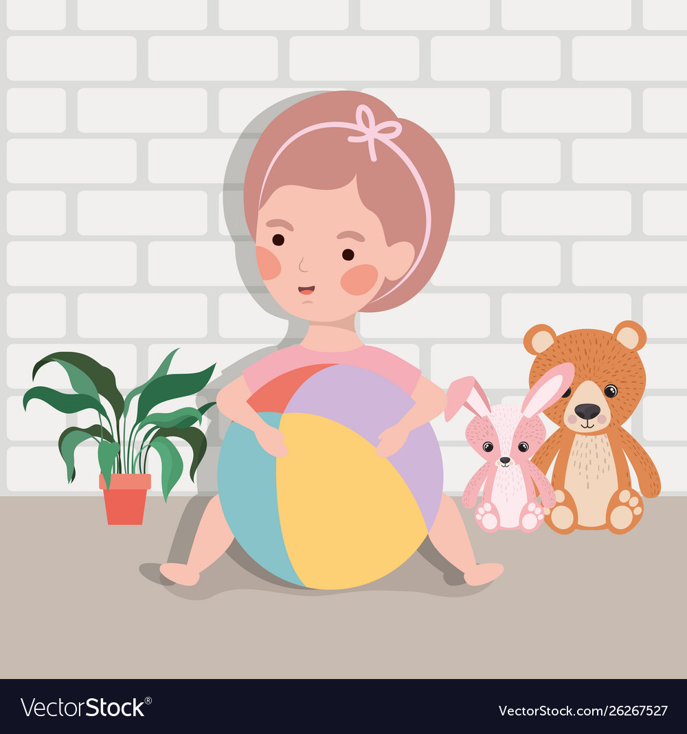 Little baby girl with balloon plastic and stuffed