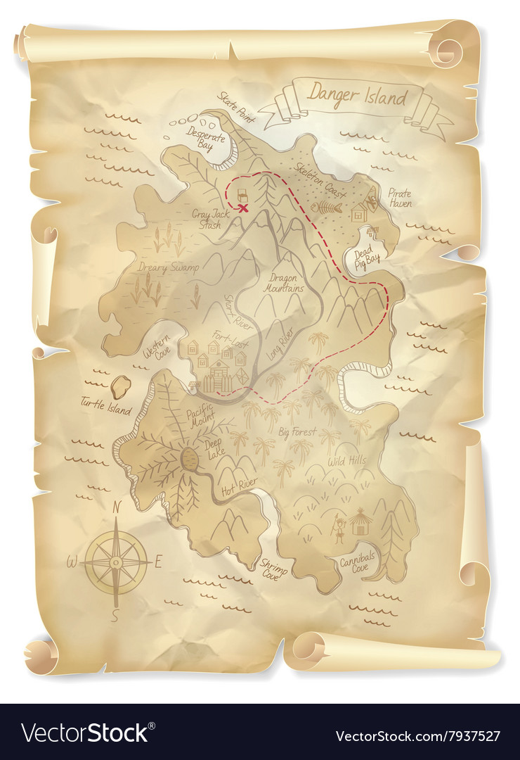 Premium Vector, Treasure map of island with skull shape