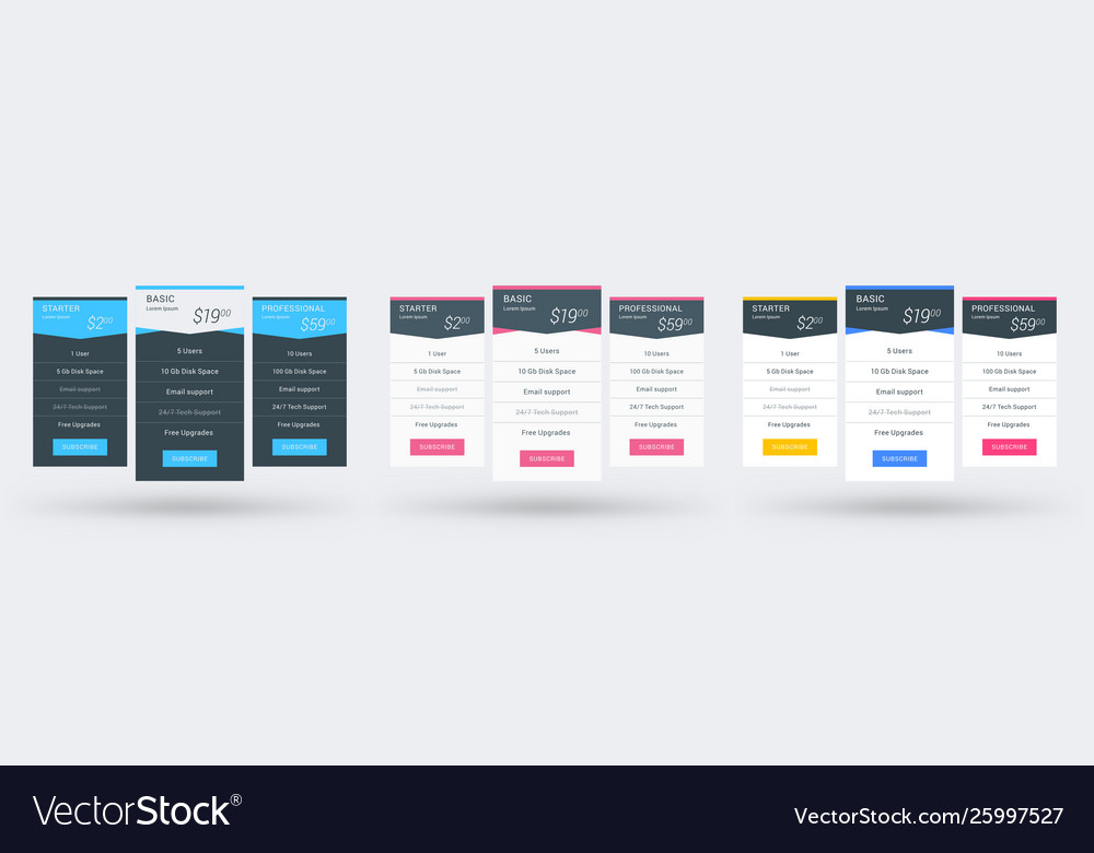 Pricing table color variations plans Royalty Free Vector