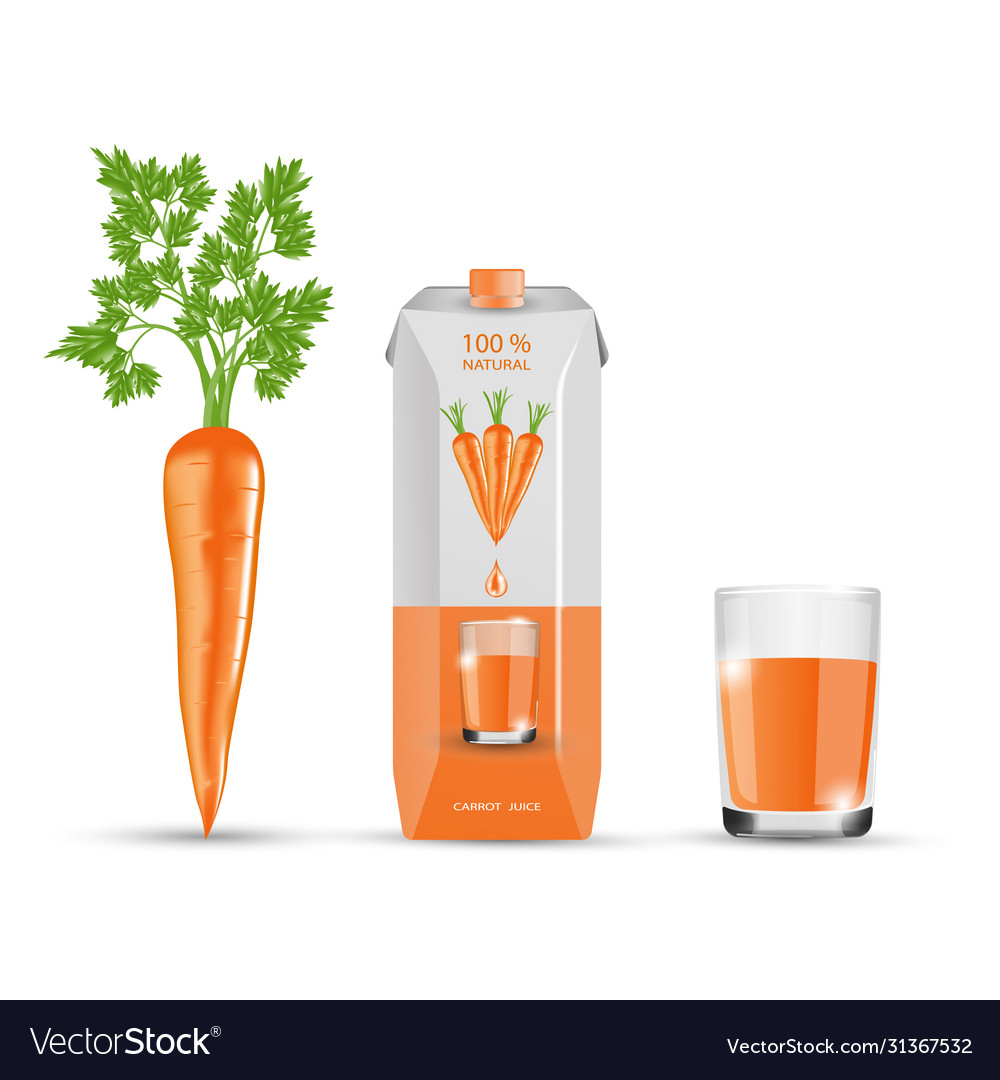 Carrots box with carrot juice glass fresh juice Vector Image