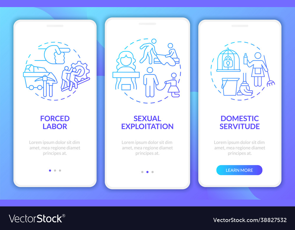 Human exploitation types onboarding mobile app vector image Human exploitation types onboarding mobile app