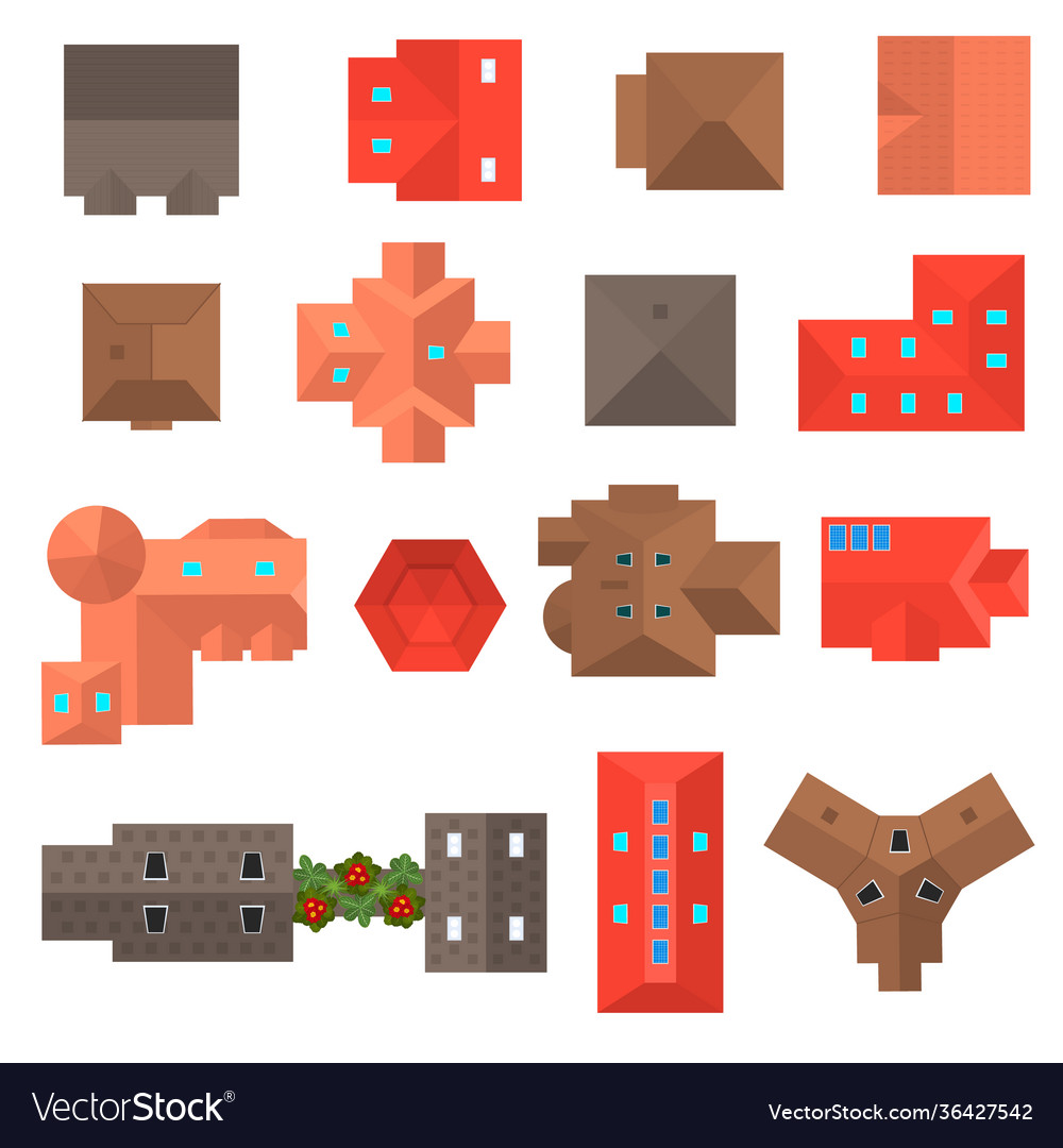 Cartoon color building roof top view icon set Vector Image
