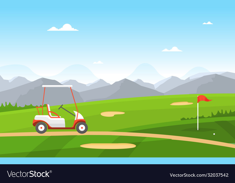 Golf field flag cart grass tree outdoor sport vector image Golf field flag cart grass tree outdoor sport