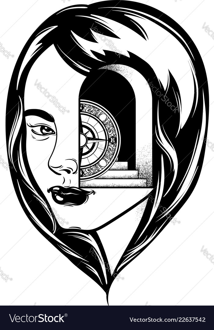 Hand drawn of female head with door and stairway