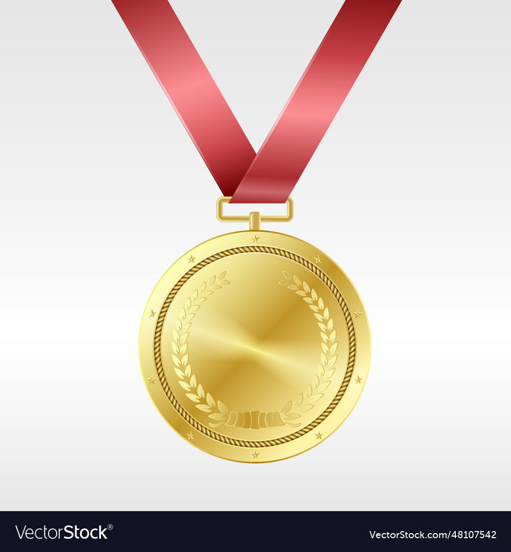 Realistic golden medal on red ribbon award Vector Image