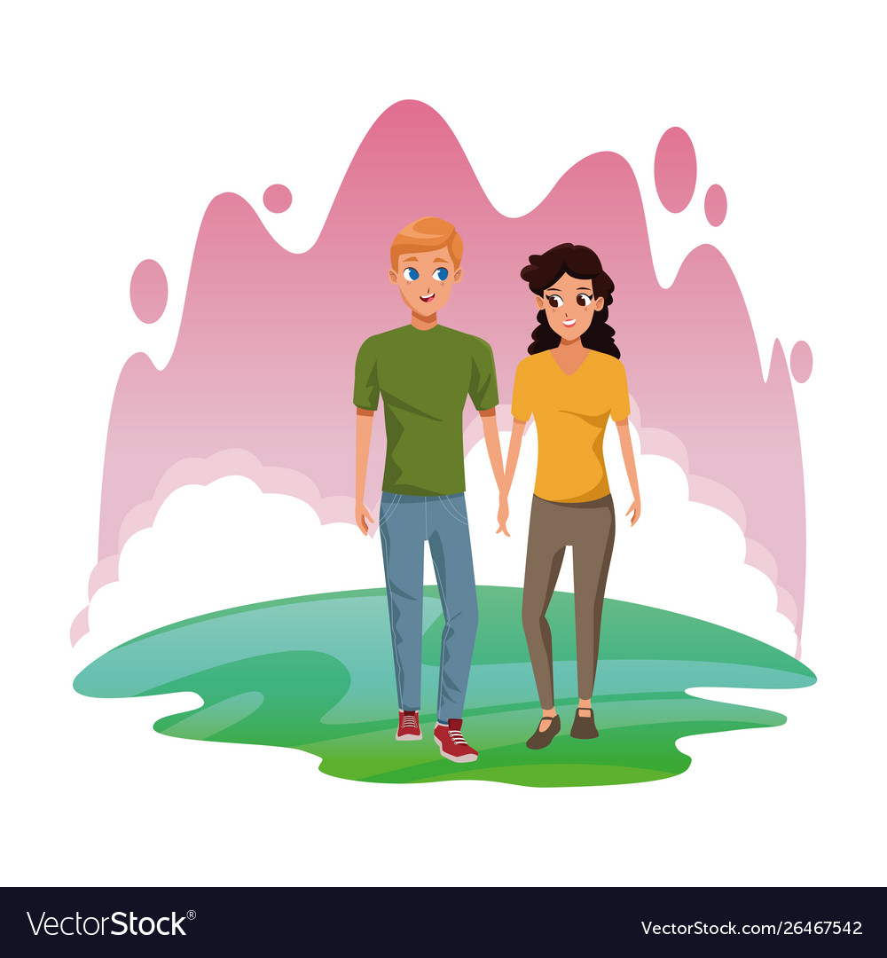 Young couple smiiling and walking cartoon