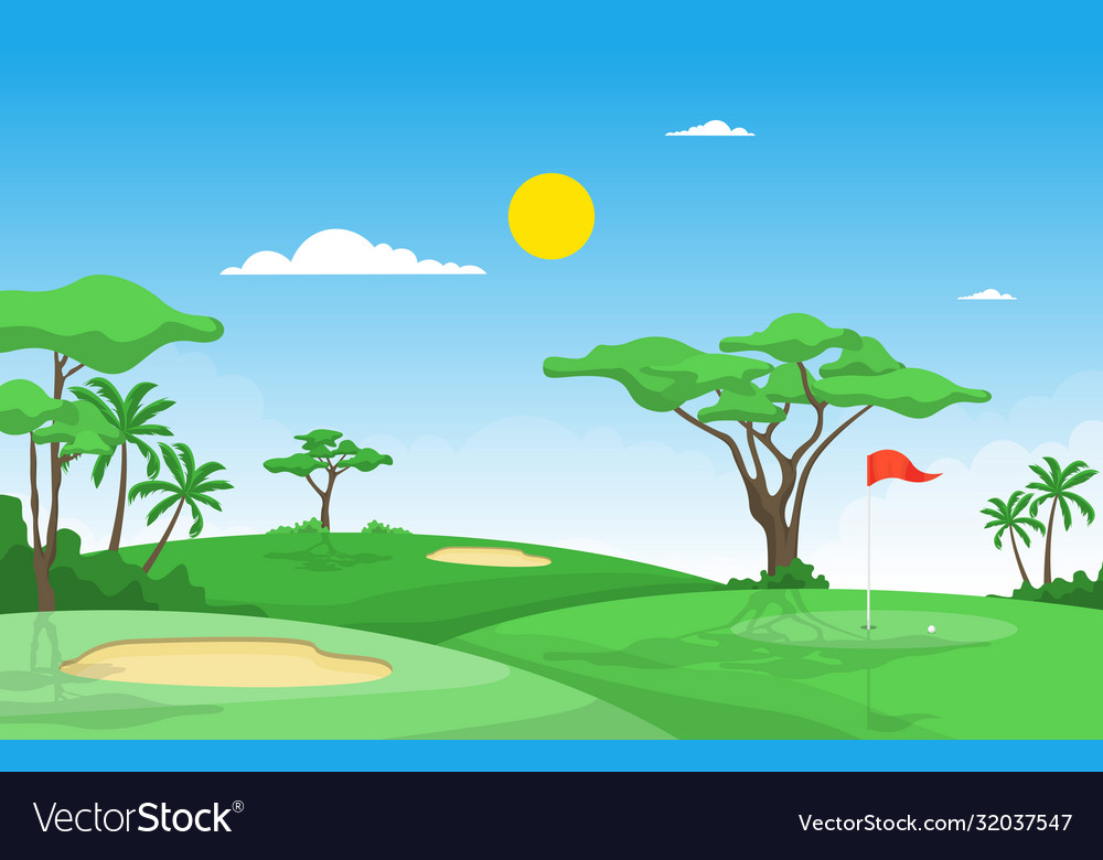 Golf field flag green grass tree outdoor sport vector image Golf field flag green grass tree outdoor sport