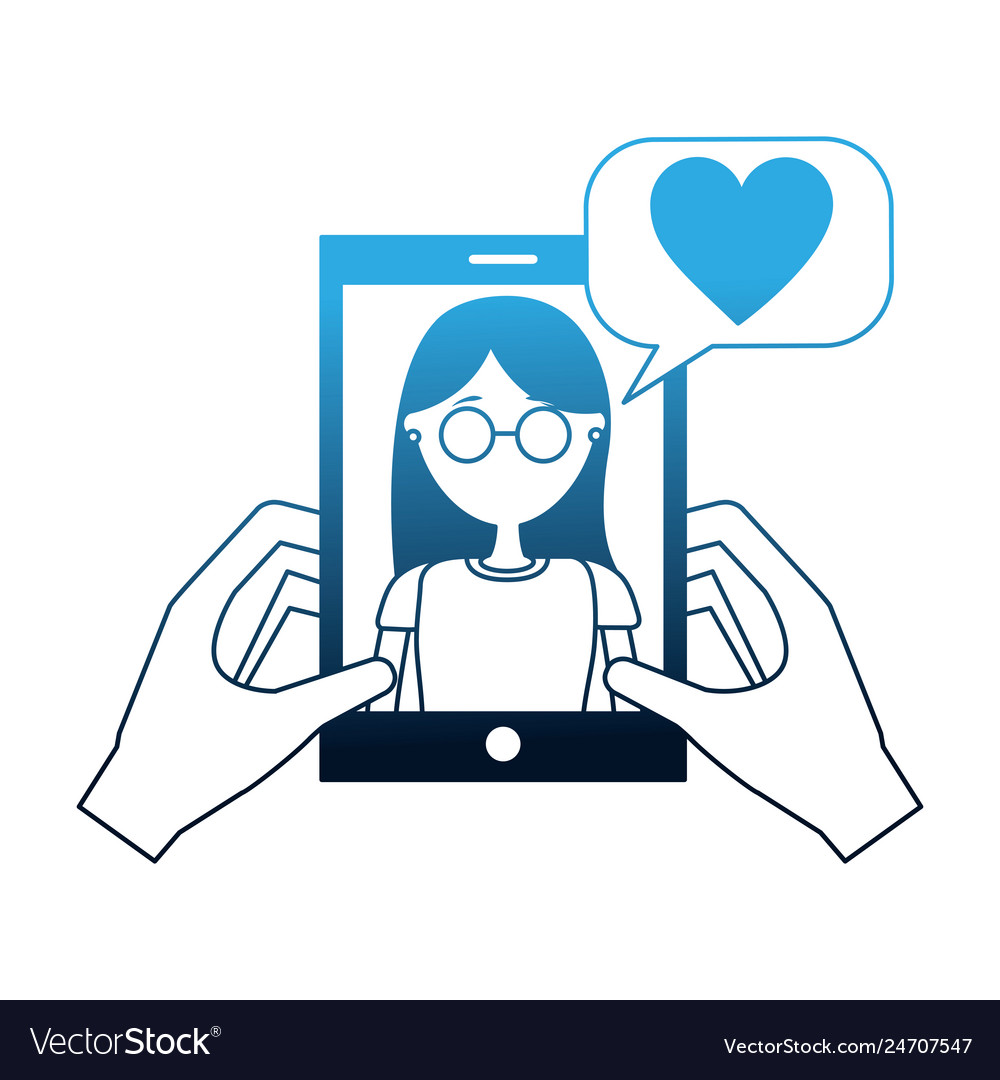 Hands holding smartphone with woman talking love