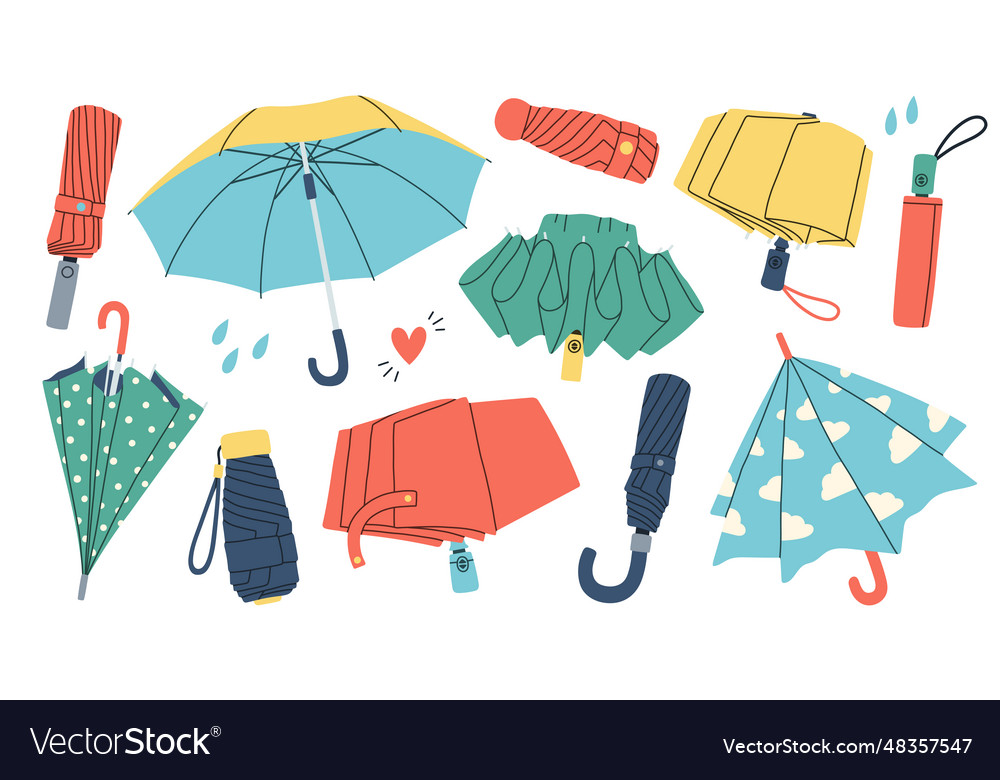 Open closed and folded umbrellas set rain Vector Image