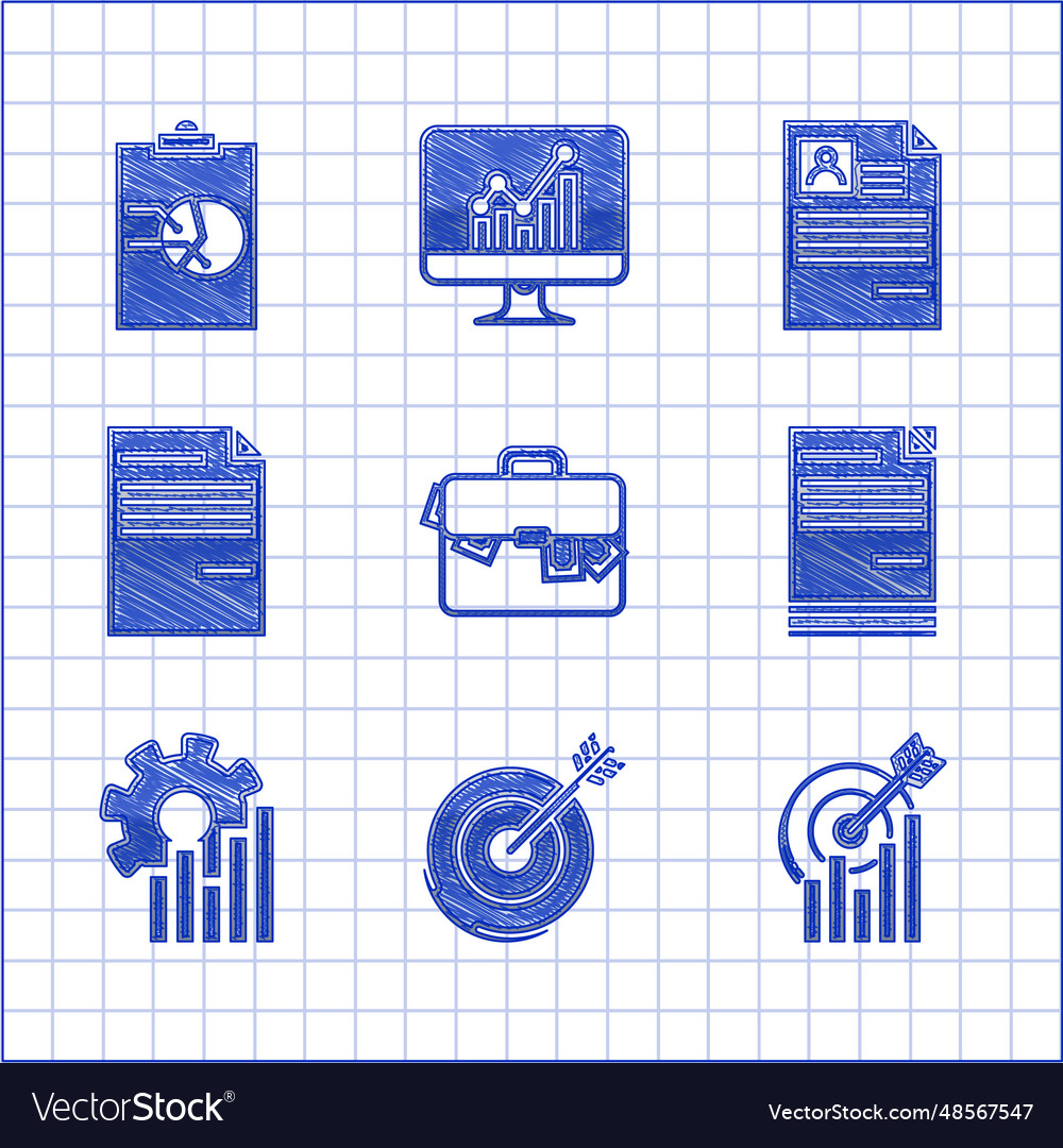 Set briefcase and money target with graph chart vector image Set briefcase and money target with graph chart