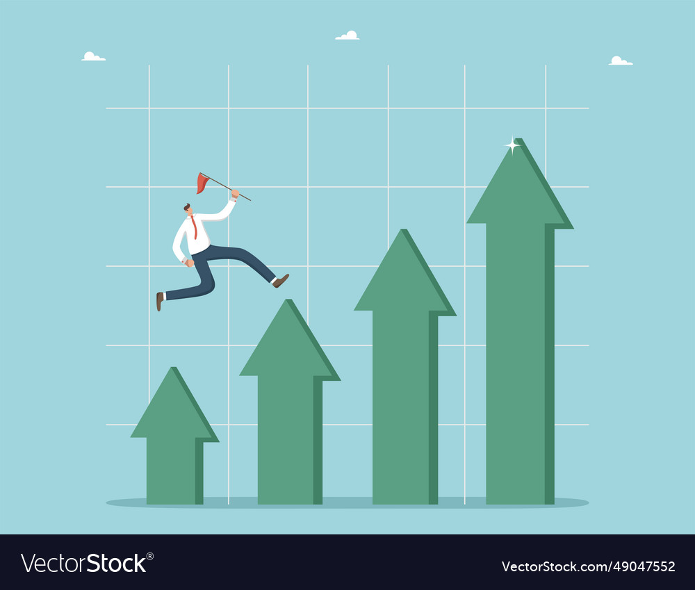 Man runs along columns of graph in form arrows vector image Man runs along columns of graph in form arrows