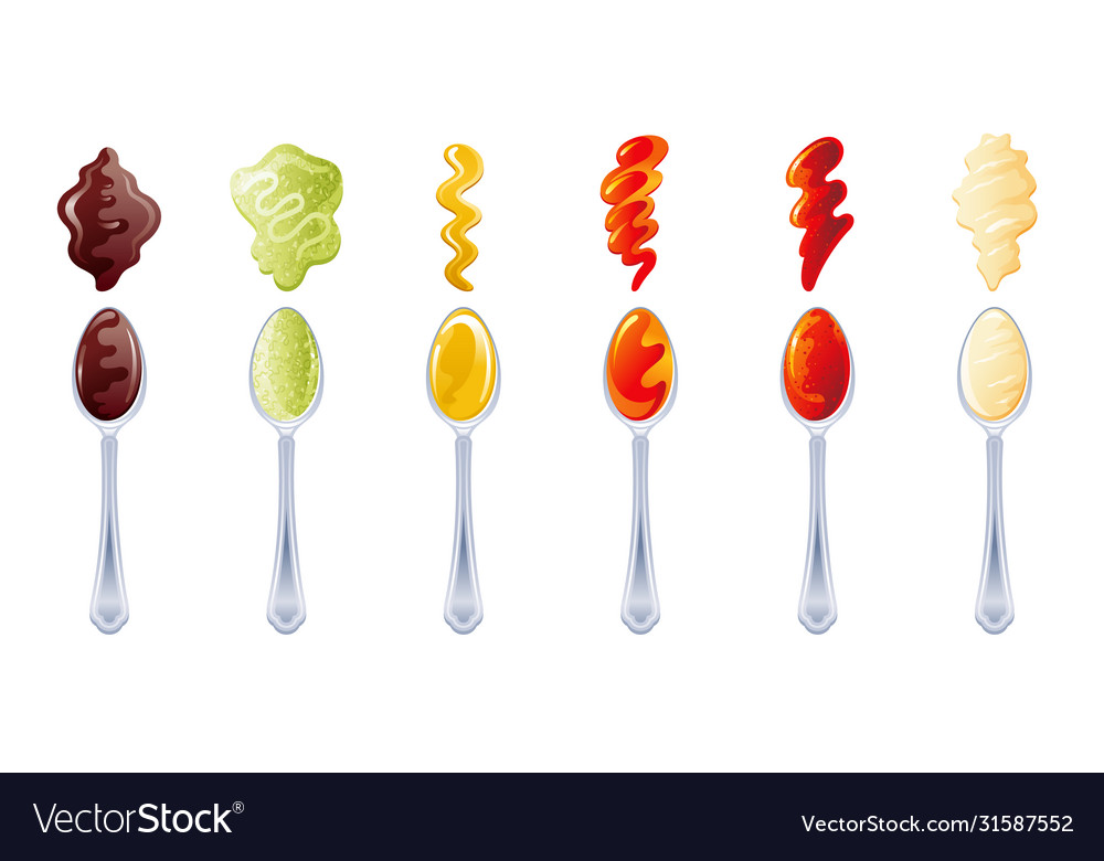 Spoons with sauces spicy set soy sauce wasabi Vector Image