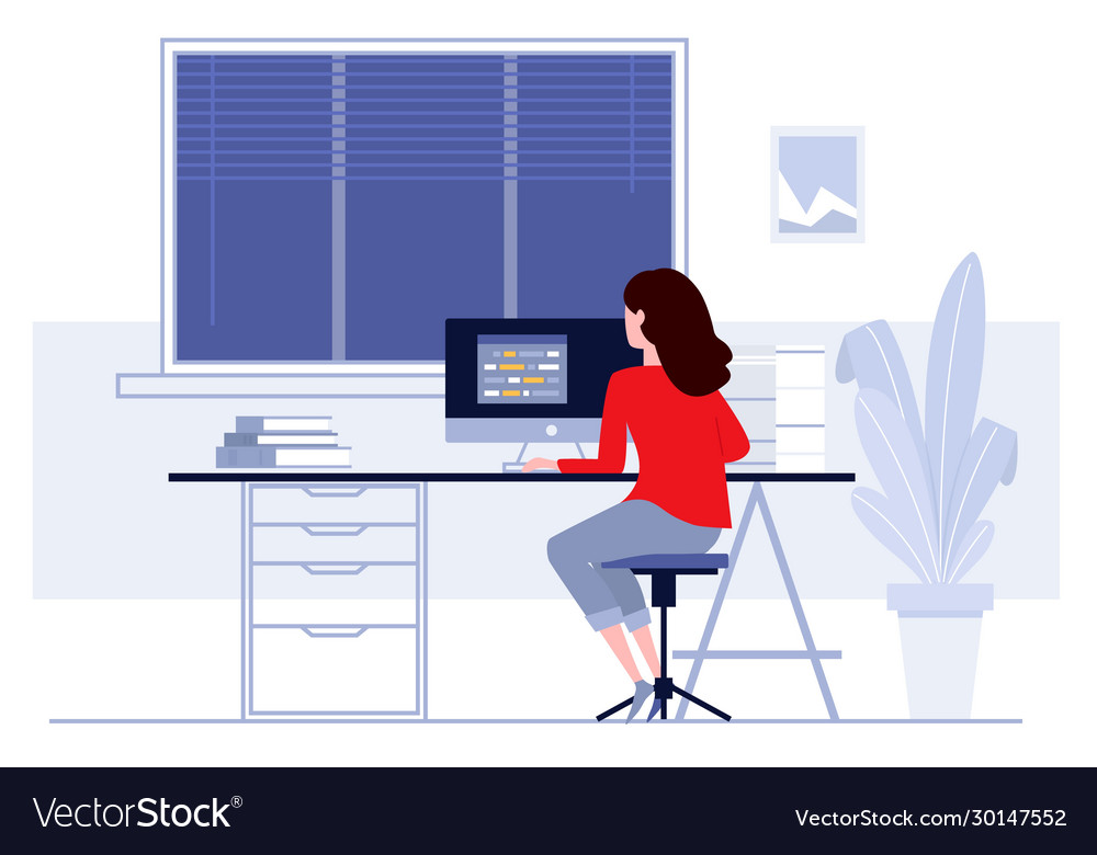 Woman sitting at table and working at home Vector Image