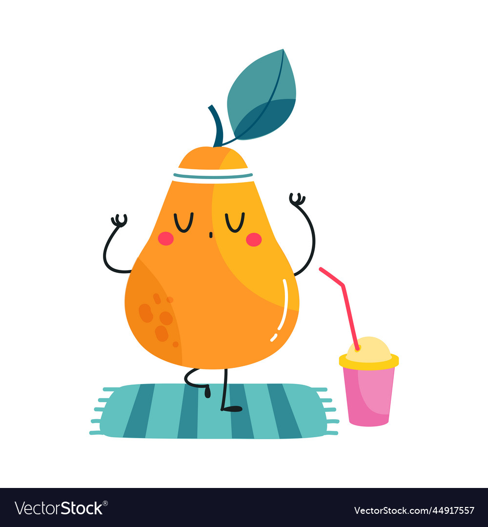 Funny pear as summer fruit character meditating