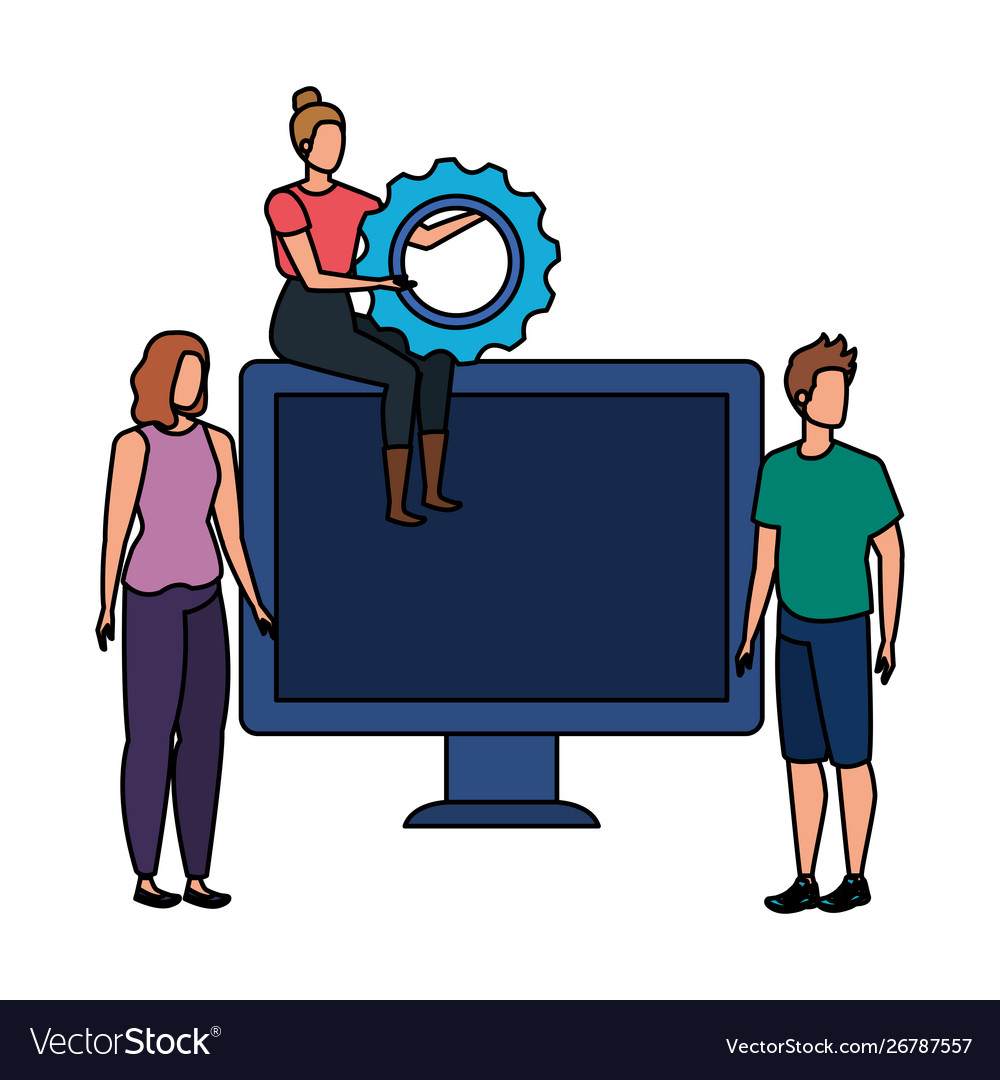 Group people with desktop computer