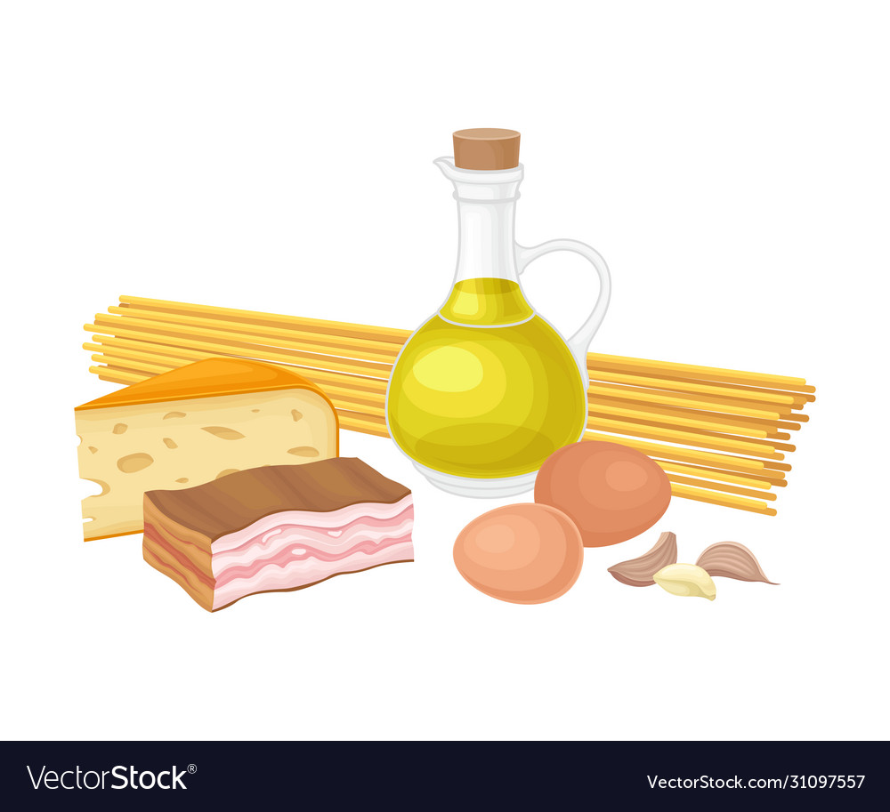 Ingredients for pasta carbonara cooking with jar