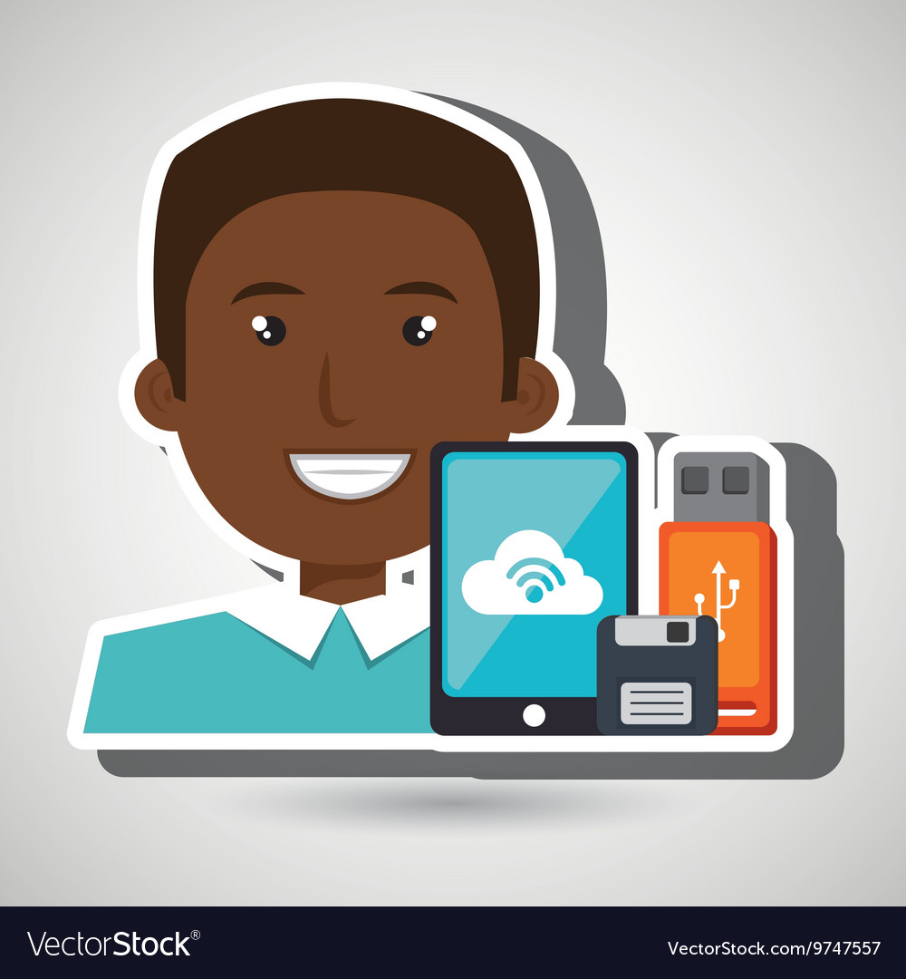 Man with smartphone and storage devices isolated