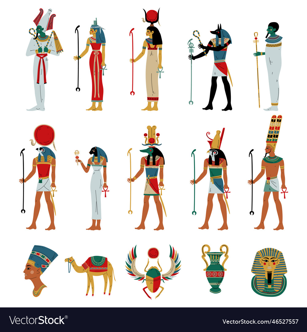 Set of egyptian gods and goddesses osiris horus Vector Image